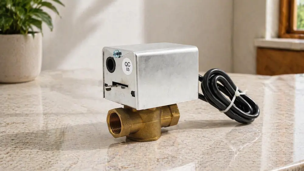 HTW-W27-5W 5-wire motorized valve installed in HVAC piping system for FCU water flow control