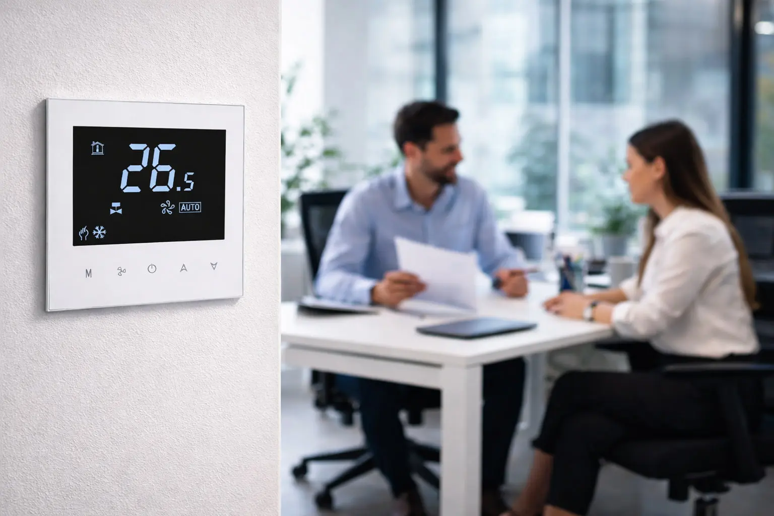 Hotel room thermostat with keycard HVAC control logic