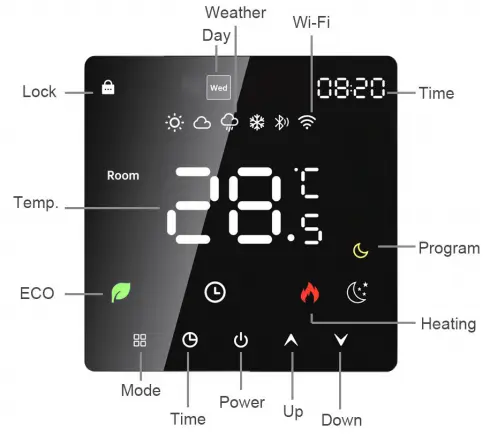 HTW-WF07RP-16A-B WiFi Electric Heating Thermostat with LED colourful touch screen