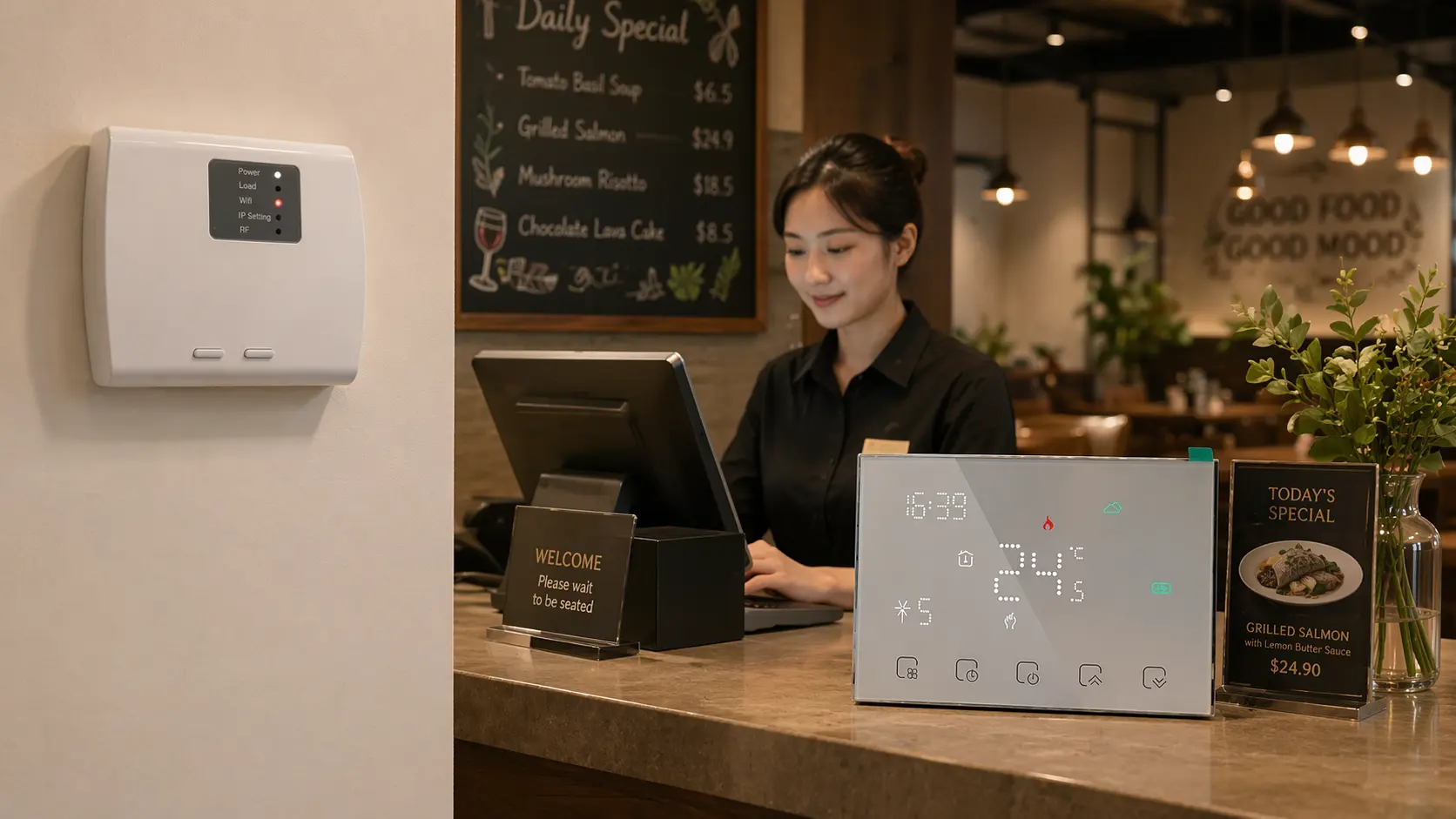 HTW-WKT18-NV1 wireless boiler thermostat with battery powered panel and dry contact receiver for heating control