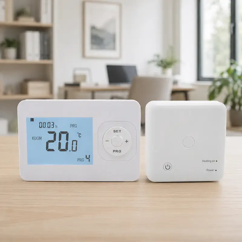 Wireless thermostat controlling HVAC equipment through a receiver