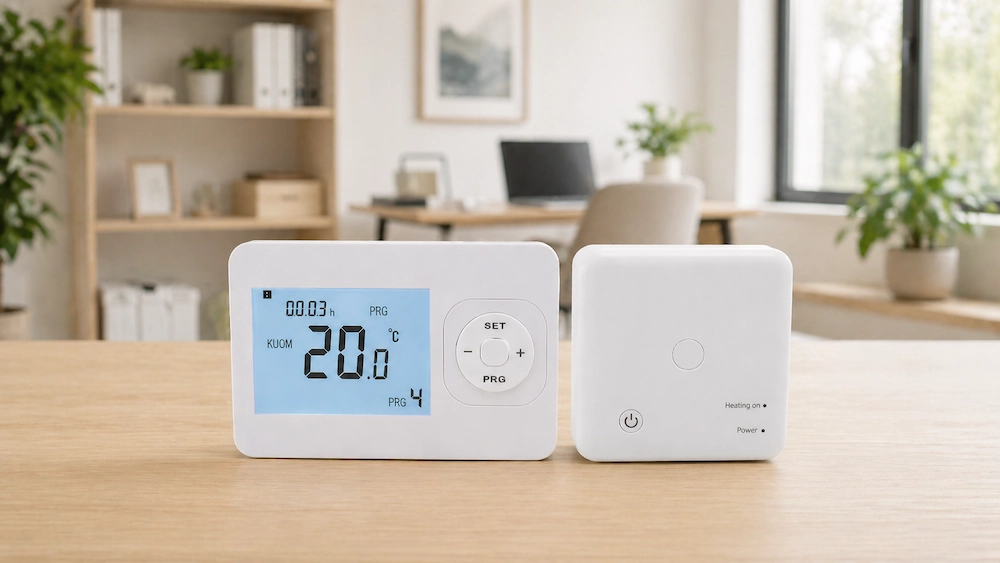 Wireless thermostat controlling HVAC equipment through a receiver