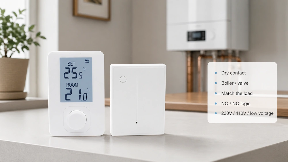 Wireless thermostat receiver output for boiler and HVAC control