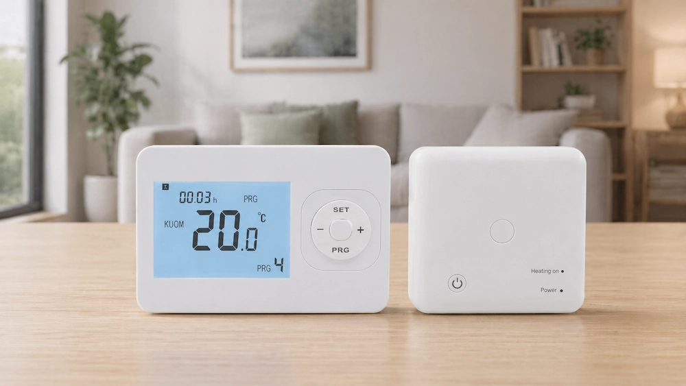Wireless thermostat receiver connected to boiler heating system
