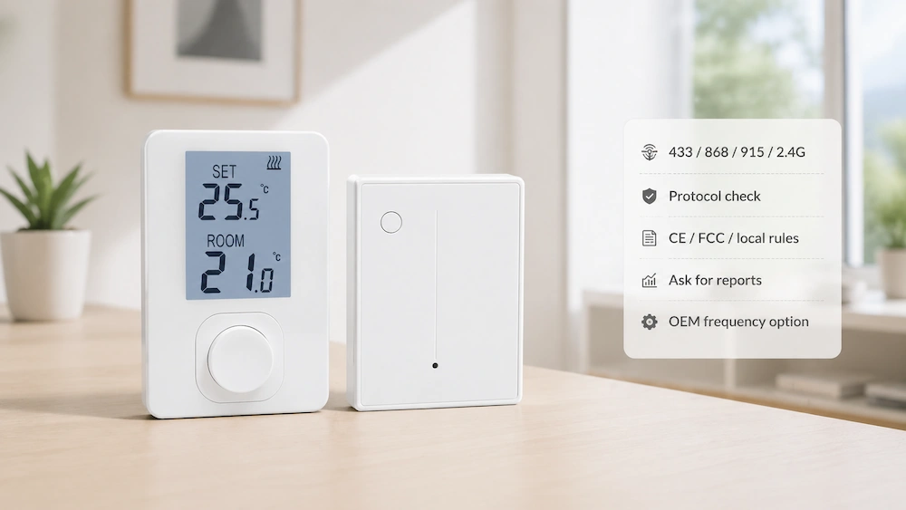 Wireless thermostat frequency and RF compliance check