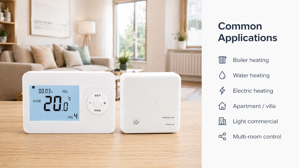 Wireless room thermostat installed in a finished home interior
