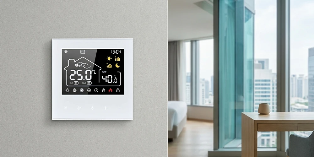 Zigbee thermostat mounted in a modern interior for connected HVAC control