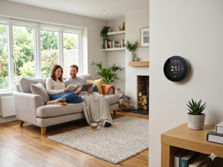 Zigbee thermostat in a modern living room with real smart heating use scene