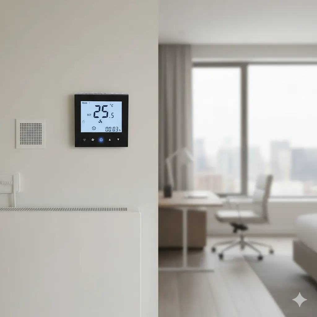 residential room thermostat installed on wall for home comfort control