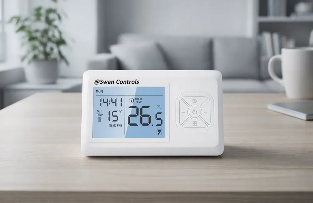 smart wifi thermostat HTW-WT13P-WF placed in a modern living room home heating control