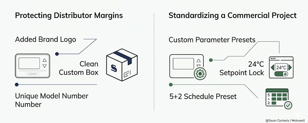 Infographic displaying two practical business scenarios for Swan Controls wifi thermostat lines: margin protection and project parameter standardization.