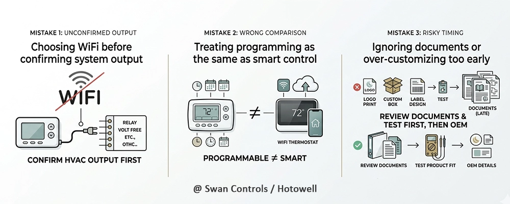 A minimalist infographic on a pure white background illustrating three common mistakes when buying a smart thermostat: Unconfirmed Output, Wrong Comparison, and Risky Timing.