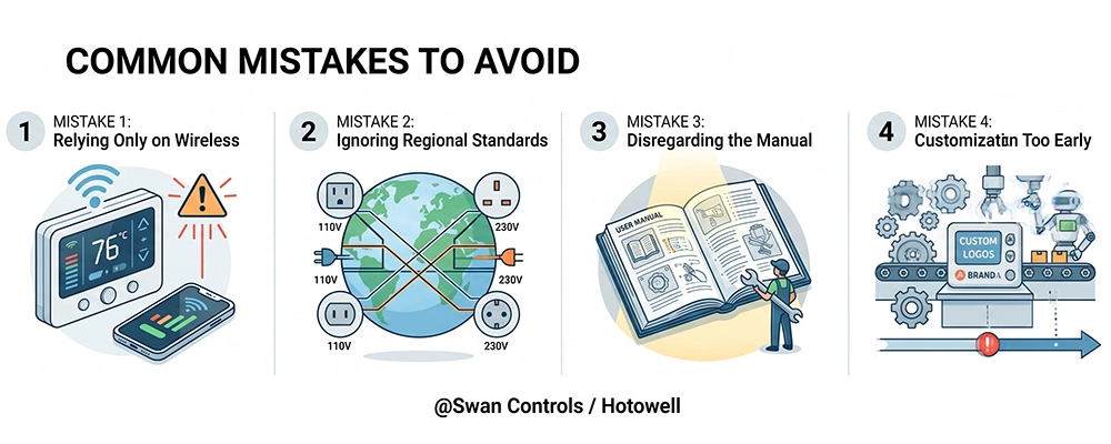 A clean infographic illustrating four panels of mistakes in smart thermostat procurement, including over-relying on wireless, ignoring regional electrical standards, disregarding installation manuals, and premature custom logos