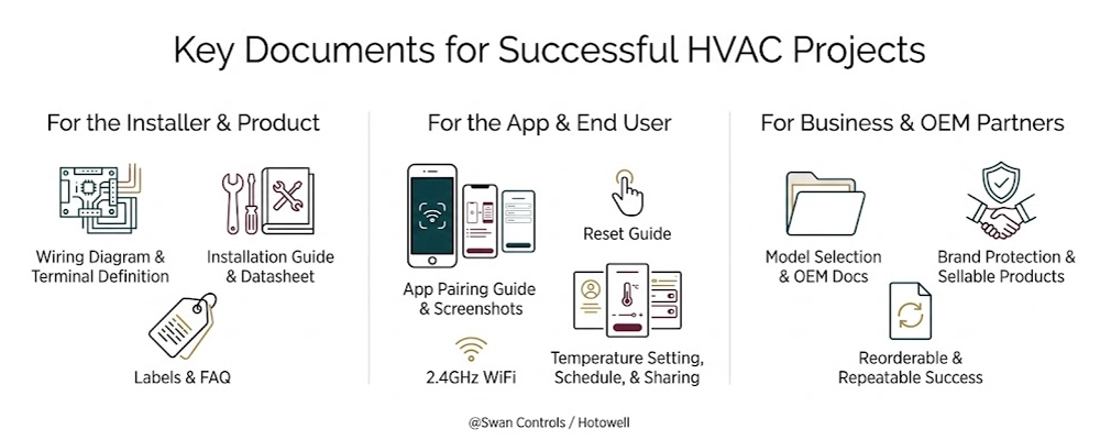 A minimalist infographic showing necessary technical and user documentation for a wifi thermostat, categorized for installers, end users, and business partners.