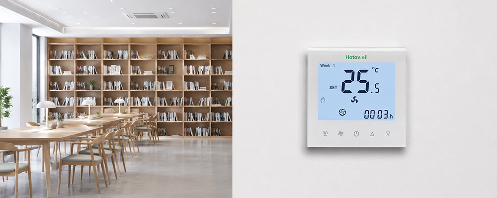 HTW-WF11 smart thermostat installed in a modern library environment, showing a fan coil thermostat solution for HVAC, hotel, Modbus, and BACnet control projects.