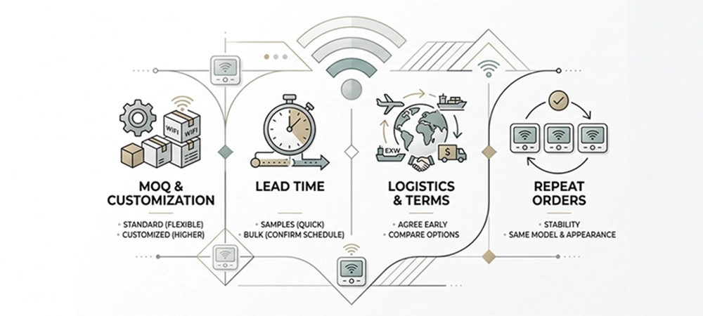 A minimalist infographic on a pure white background illustrating four key commercial factors for importing WiFi thermostats: MOQ & Customization, Lead Time, Logistics & Terms, and Repeat Orders.