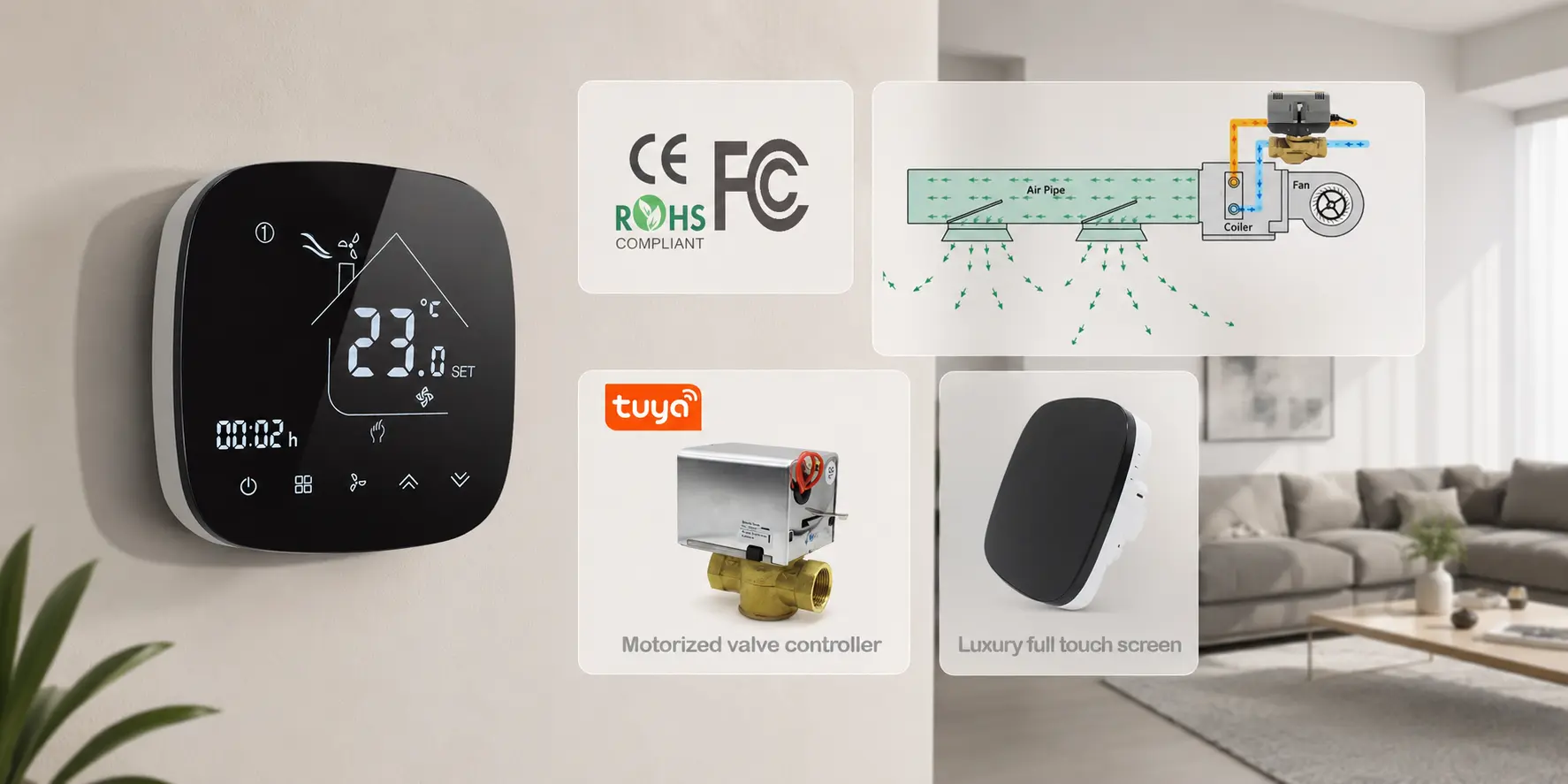 Underfloor heating thermostat with air sensor and floor sensor control