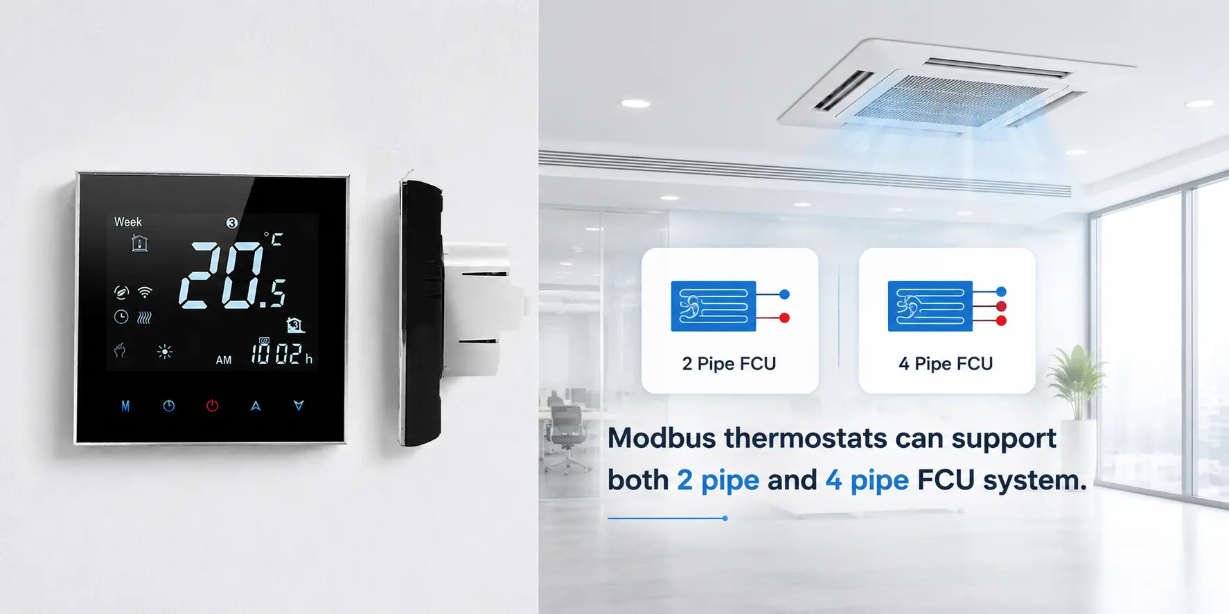 thermostat with Modbus in 2 pipe and 4 pipe FCU projects