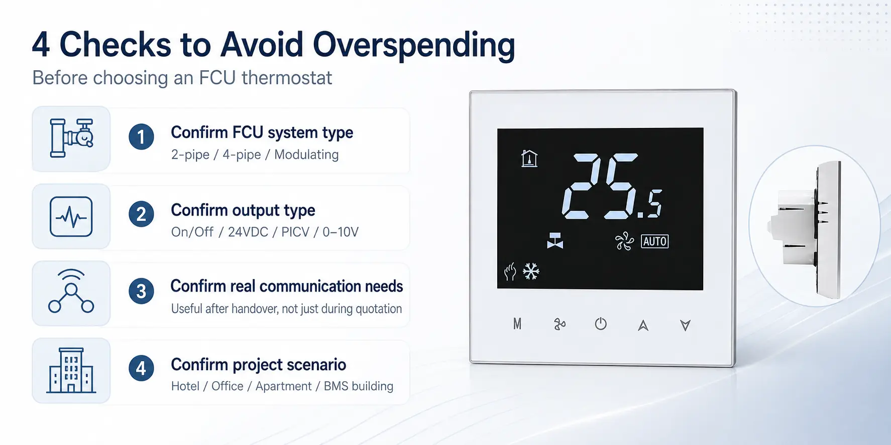 2 pipe and 4 pipe Modbus thermostat comparison for FCU systems