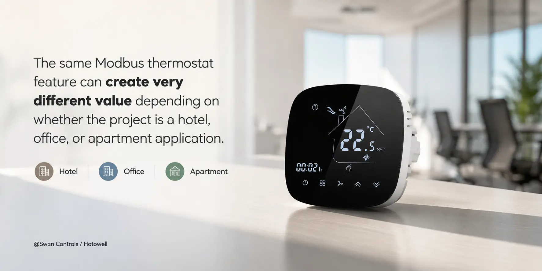 Modbus thermostat comparison across hotel office and apartment FCU projects