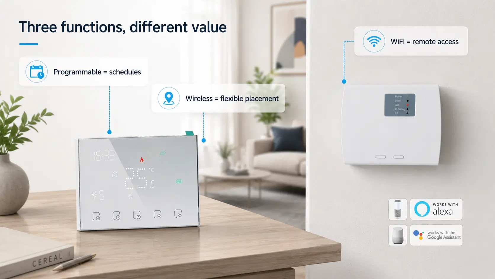 Wireless programmable thermostat comparison showing programmable wireless and WiFi functions