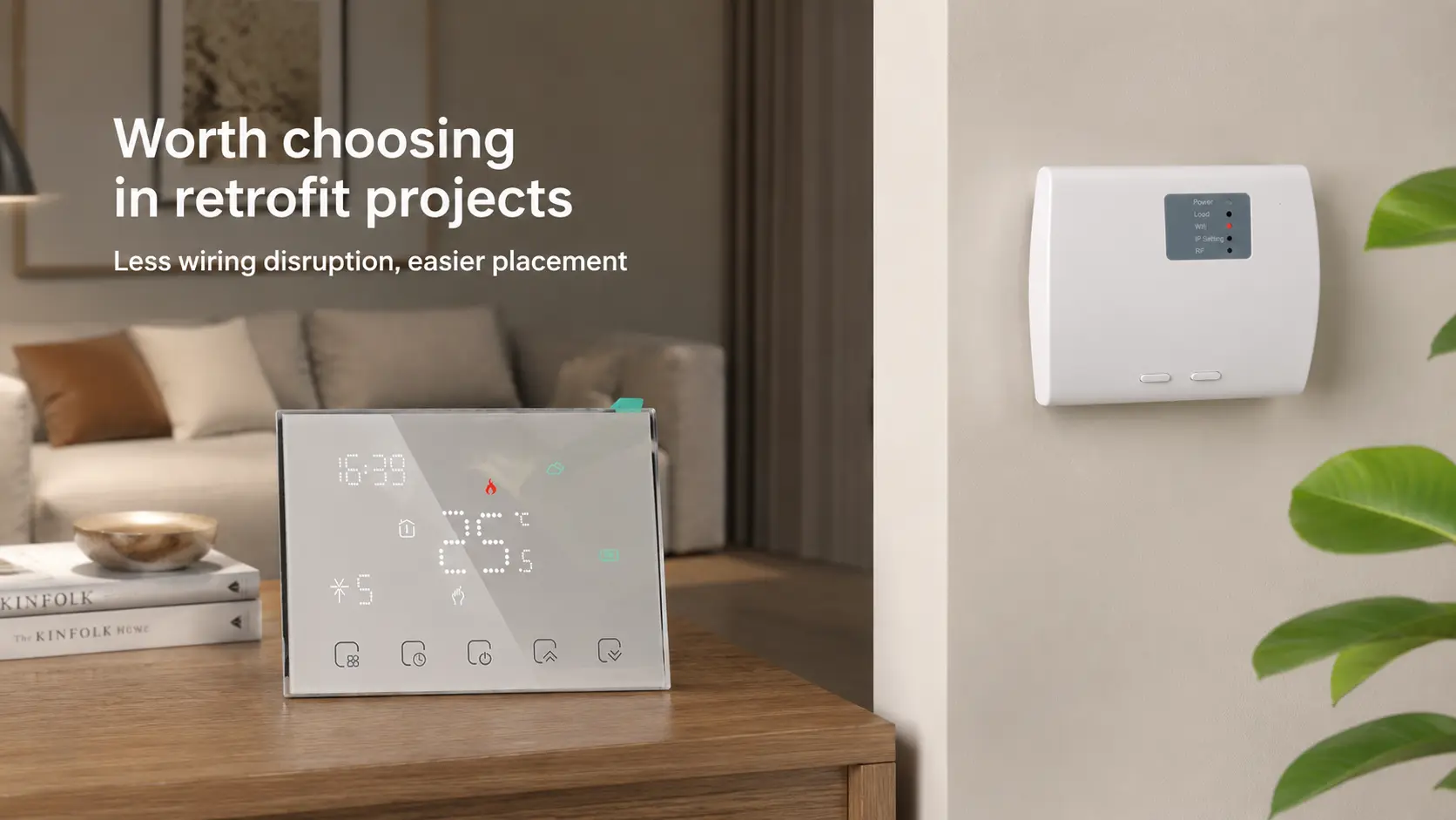 Wireless programmable thermostat in a retrofit heating project with easier placement
