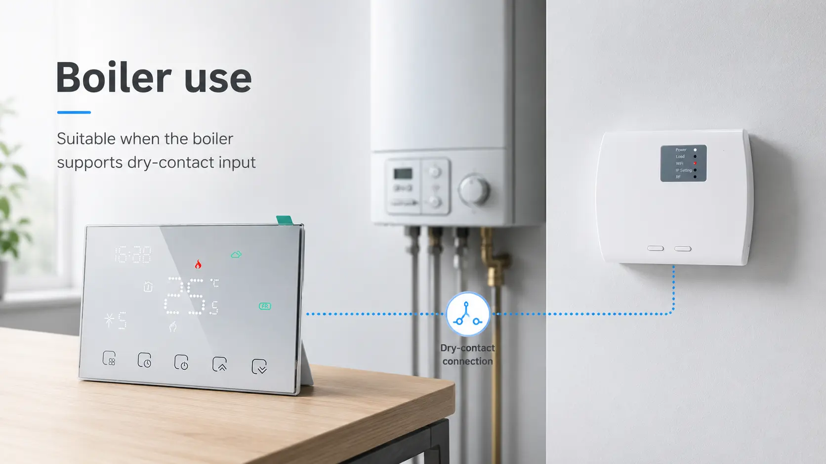 Wireless programmable thermostat for water heating electric valve control