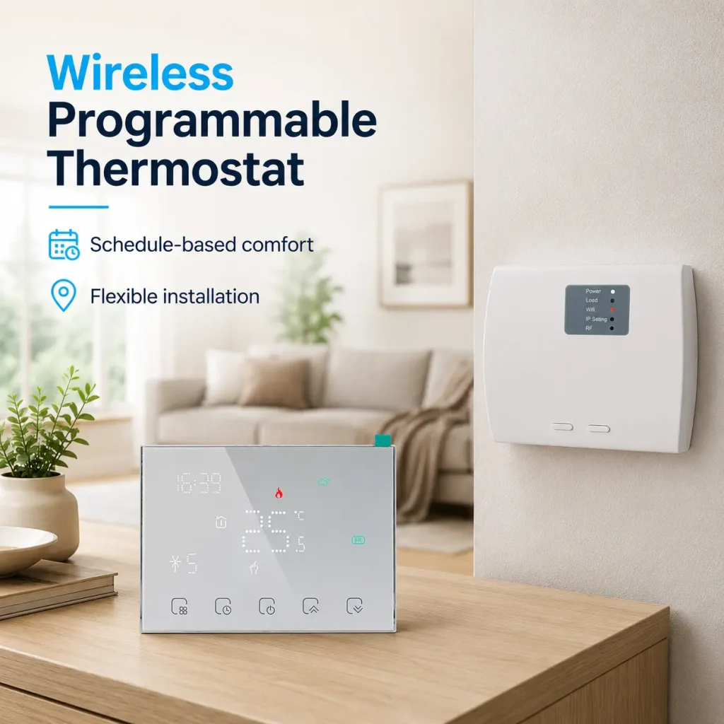 Wireless programmable thermostat with wall-mounted controller in a modern home heating scene