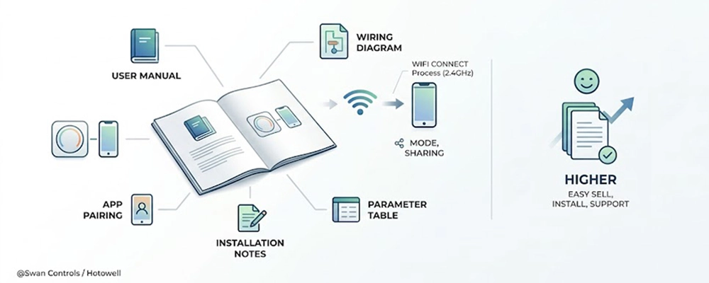 A diagram illustrating the elements of smart thermostat documentation, including manuals, diagrams, app pairing, and Wi-Fi setup. The left side shows components like user manuals and wiring diagrams.