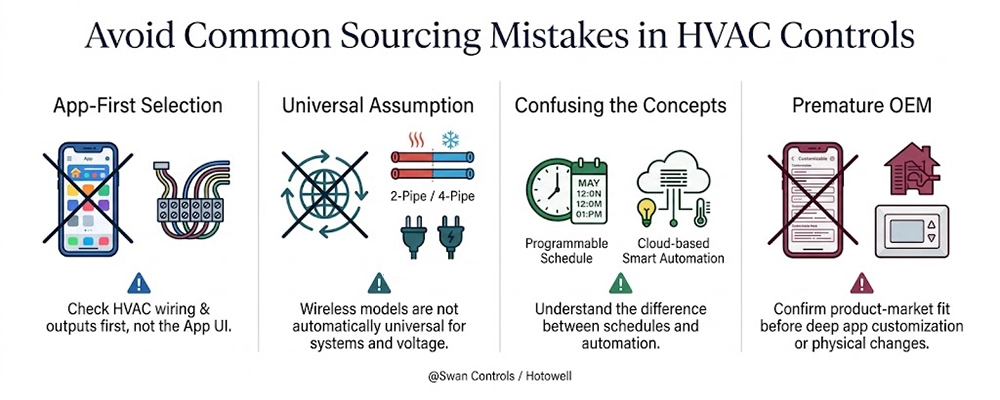 A graphic outlining four pitfalls when sourcing a wifi thermostat, highlighting the need to check wiring compatibility, voltage, functionality, and market fit before customization.