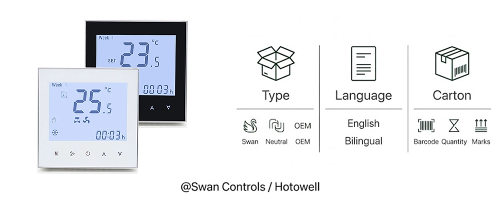 A minimalist guide for the Swan Controls Bacnet thermostat showing packaging types, language options, and carton requirements for import.