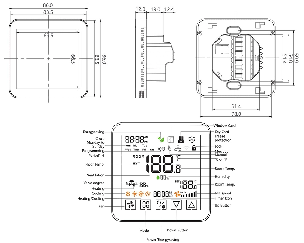Swan Controls smart thermostat HTW-FC24 dimensions and screen display image showing product size, front interface, and key display areas.