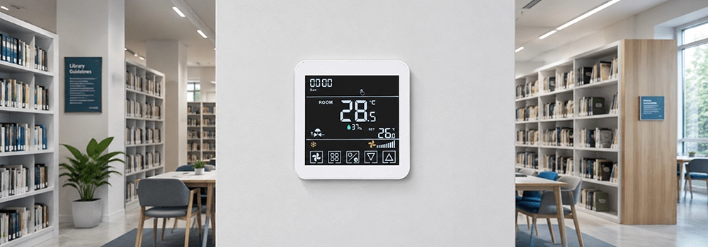 Swan Controls smart thermostat HTW-FC24-Altra mounted on a central wall in a modern library with bookshelves, tables, and soft natural light.