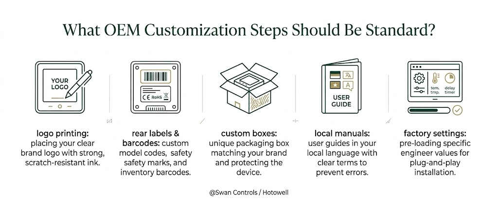 Illustration showing Swan Controls wifi thermostat OEM customization steps including logo printing, rear labeling, custom packaging, localized manuals, and factory settings.