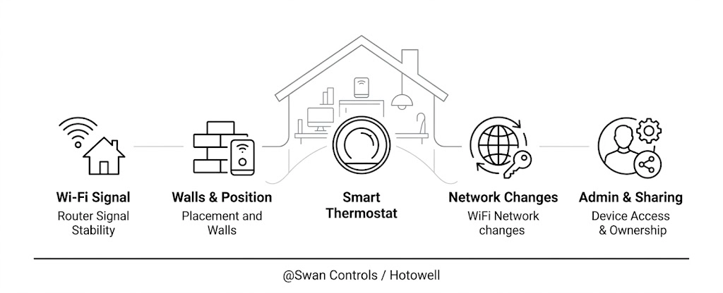 An illustrative diagram explaining WiFi thermostat network stability, wall placement, internet updates, and device management.