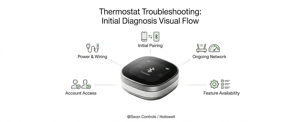 A central smart WiFi thermostat with five surrounding icons explaining common issues
